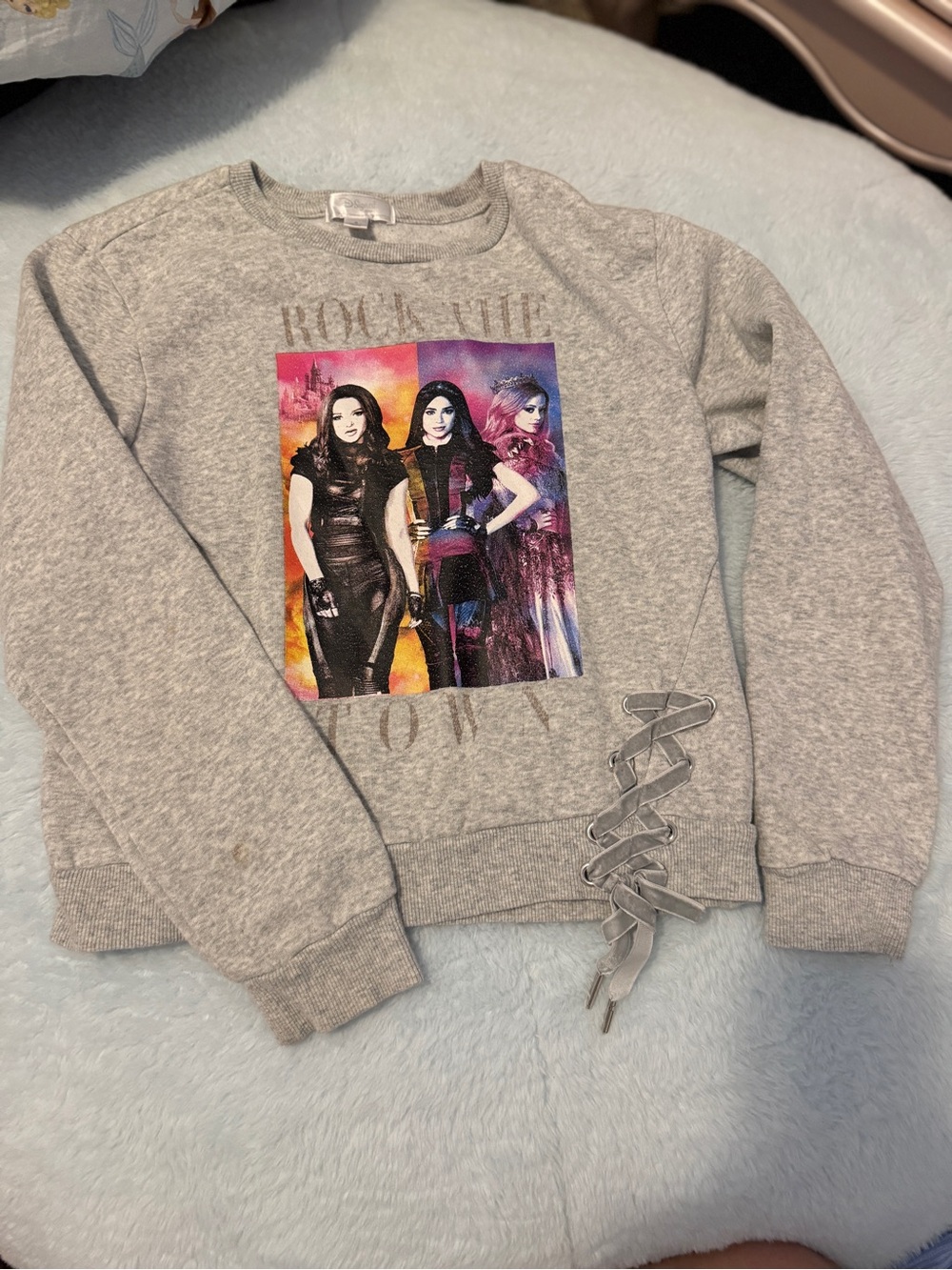 Disney Girls' Gray Graphic Descendants Lace-Up Sweatshirt with Multicolor Print